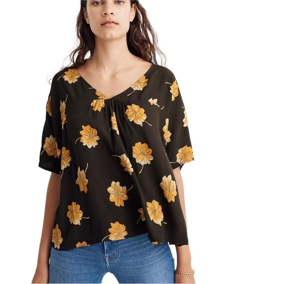 Madewell Rhyme Top in Fall Flowers M Boxy Oversized Relaxed V Neck Shirt - Picture 1 of 11
